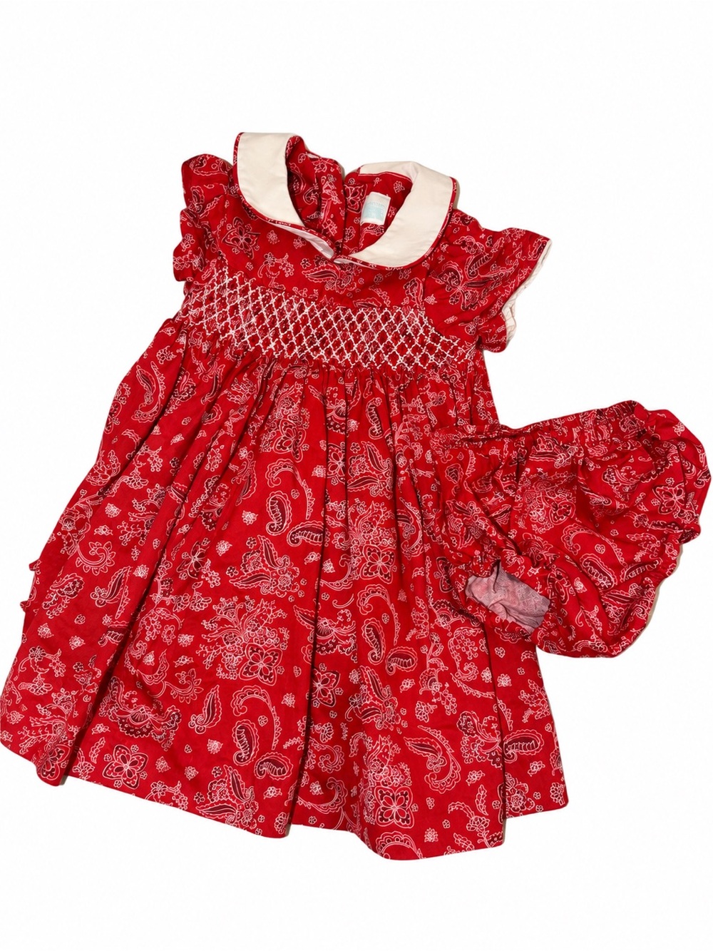 Edgehill Collection Red Paisley Smocked Dress with Cream Collar